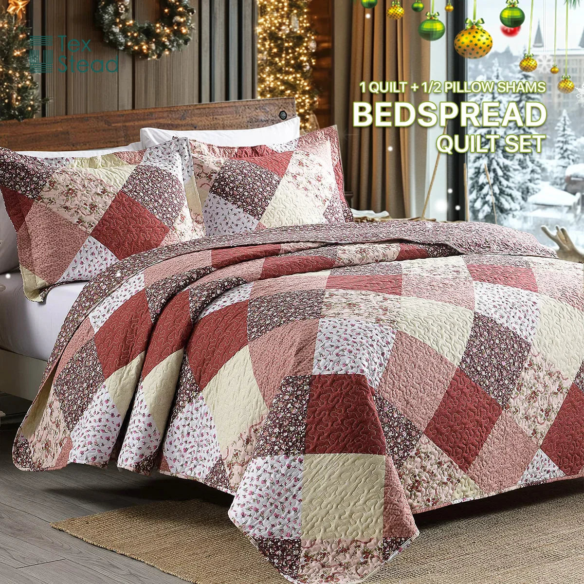 Decobites Multicolour Floral Patchwork Print Bedspread Set with Two Pillow Shams