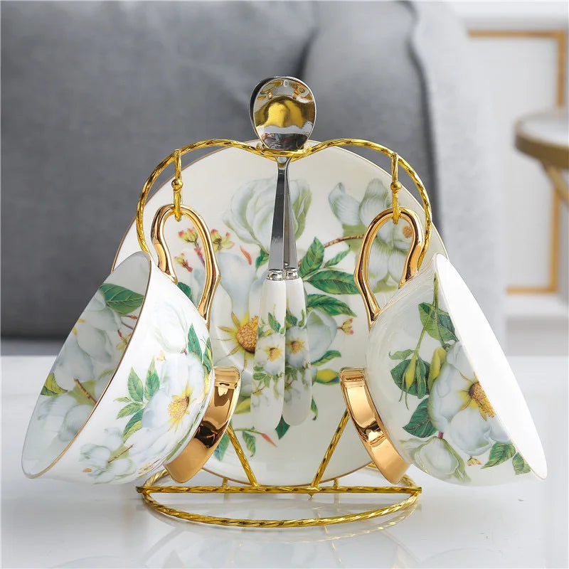 DecorBites™ Green Flowers Ceramic Cup & Saucer Set for Coffee, Tea, Juice, and More