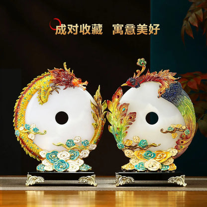 "DecorBites™ Adorno de dragón y fénix de jade, decoración esmaltada para sala de estar"