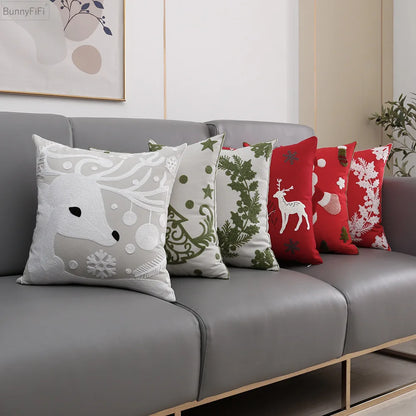 DecorBites™ Christmas Snowflake Deer Cushion Cover Green Red Square Embroidery Pillow Case 45x45cm