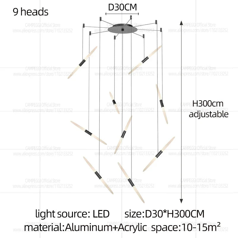 Modern Black Multi-Light Stairwell Pendant Light