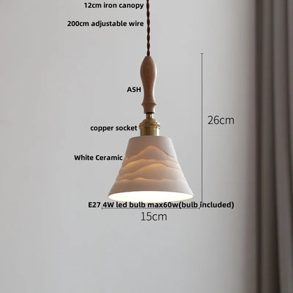 DecorBites™ LED Pendant Light Ash Wood White Ceramic Japanese Style Hanging Lamp