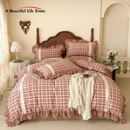 Decobites Plaid French Pastoral Cotton Bedding Set Full Queen King Size