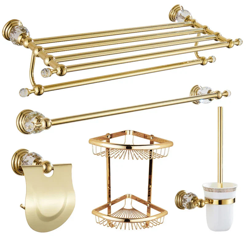 DecorBites™ Brass and Crystal Bathroom Accessories Set: Shelf, Robe Hook, Paper Holder, Brush Holder