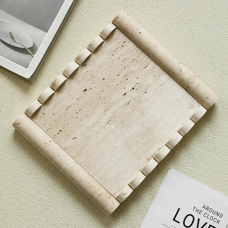 DecorBites™ Beige Travertine Marble Serving Tray Vintage Natural Stone Plate