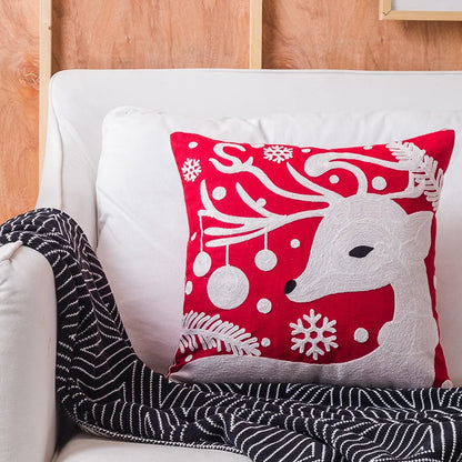 DecorBites™ Christmas Embroidered Cushion Cover Snowman Deer Santa Bell Snowflake Pillowcase