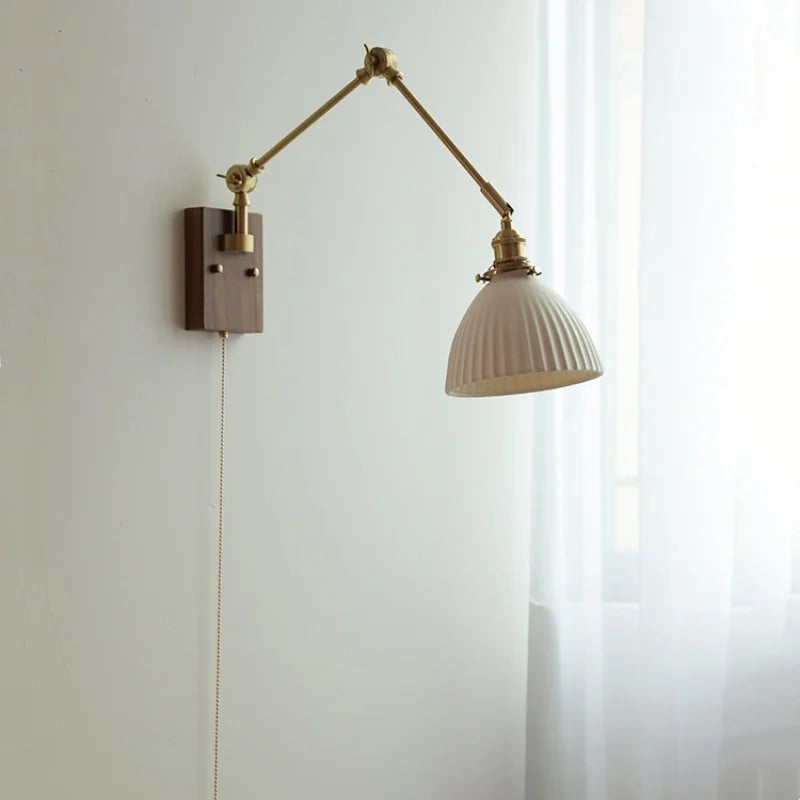 DecorBites™ Ceramic Ball Brass Walnut Wood Wall Light with Pull Chain Switch