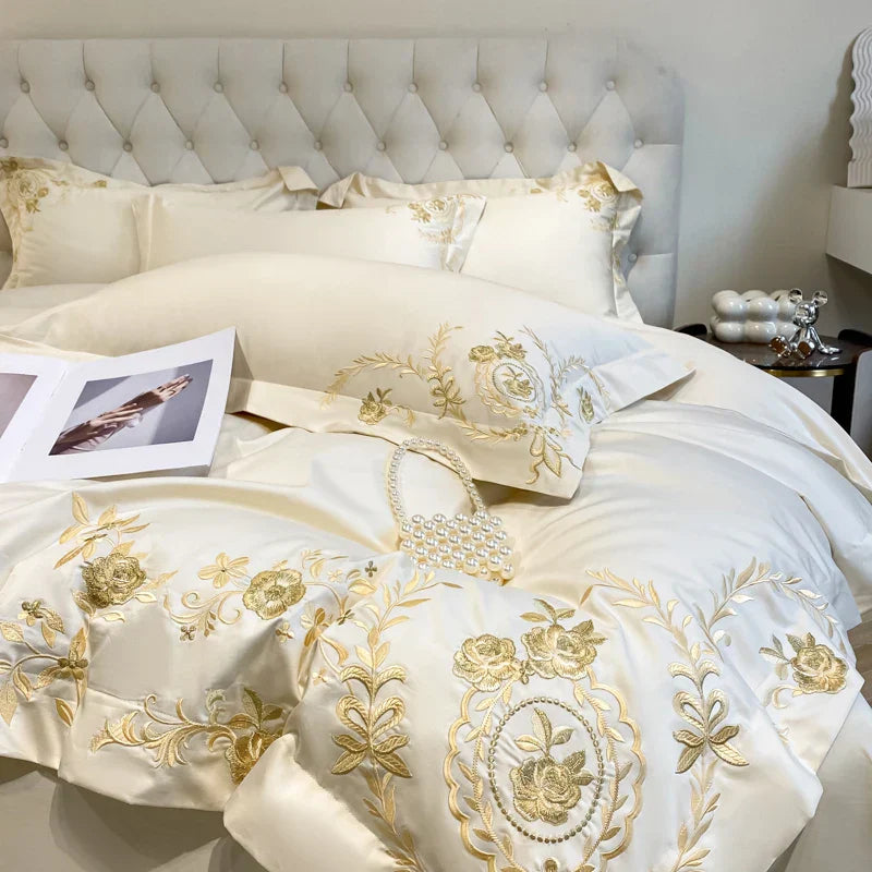 Decobites Luxury Gold Flowers Embroidery Cotton Bedding Set