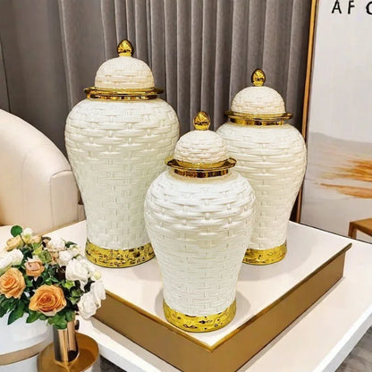 DecorBites™ Golden Flower Vase Ceramic Checkmate Jar Weave Pattern Home Decoration Accessories