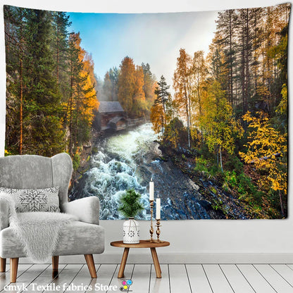 Fog Forest Sunlight Tapestry: Decobites Natural Scenery Aesthetic Wall Hanging