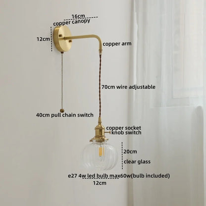 DecorBites™ Glass Copper LED Wall Lights with Knob Switch, Modern Bedside Lamp