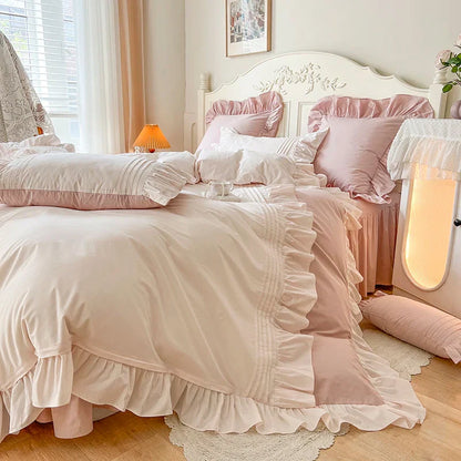 Decobites Pink Korean Princess Pleat Ruffles Cotton Bedding Set - 3/4Pcs