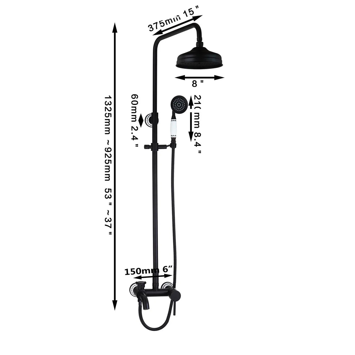 مجموعة رأس دش مطري أسود من DecorBites™ مقاس 8 بوصات مع رشاش يدوي وحنفية خلط