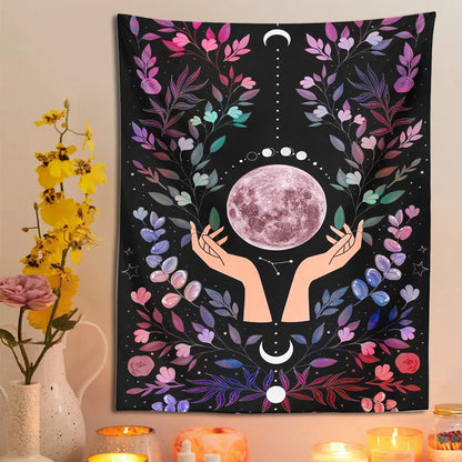 Tapiz Luna Botánica DecorBites™: Arte de pared bohemio psicodélico para altar de cristal mágico y chakras