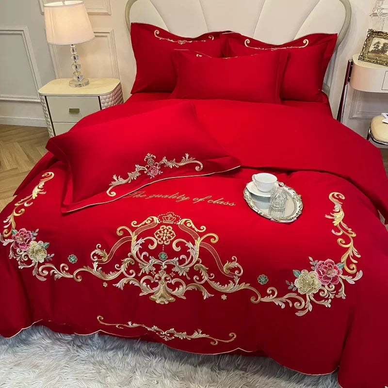 Decobites Floral Embroidery Luxury Bed Set - Queen/King Duvet Cover, Sheet, Pillowcases