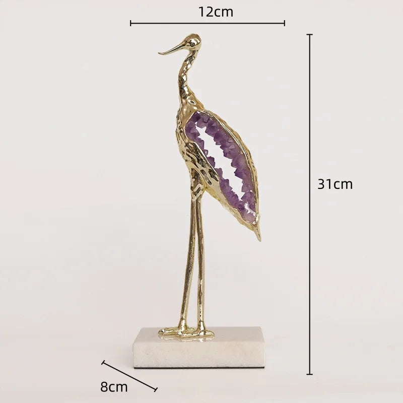 Escultura de grulla de cristal DecorBites™: Figura de pájaro con gema verde para decoración del hogar