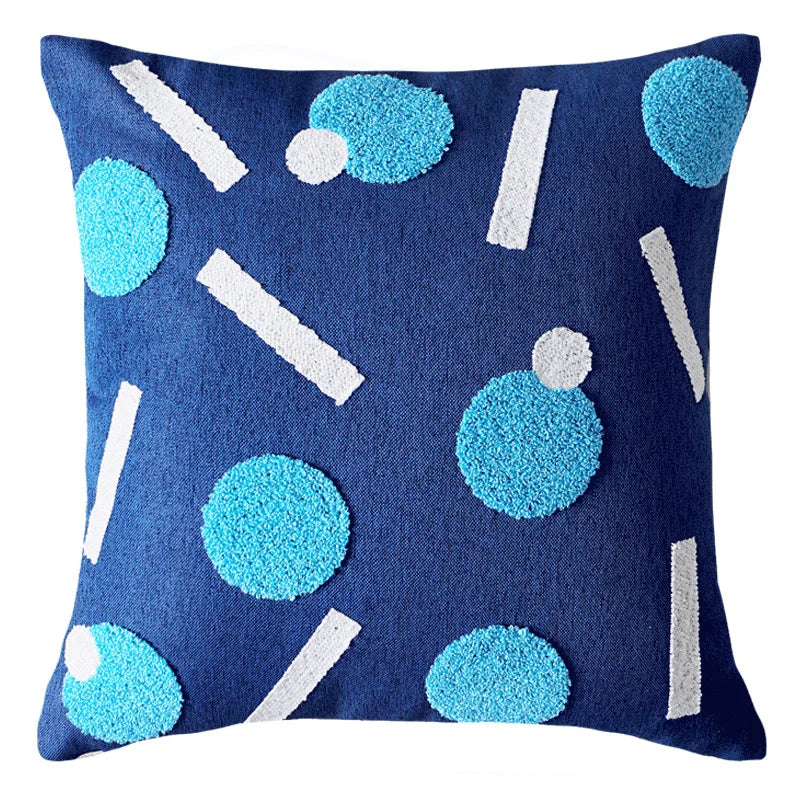 Blue Tufted Embroidered Pillow