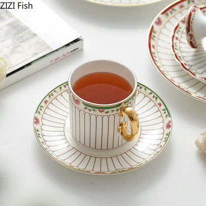 DecorBites™ Gold-Striped Ceramic Cup & Saucer Set for Dining Table Coffee Milk Tea Juice