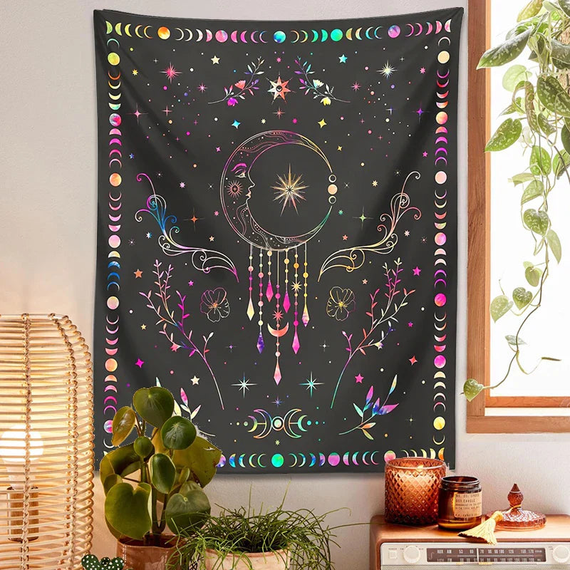 Decobites Celestial Moon Phase Tapestry with Floral Accents