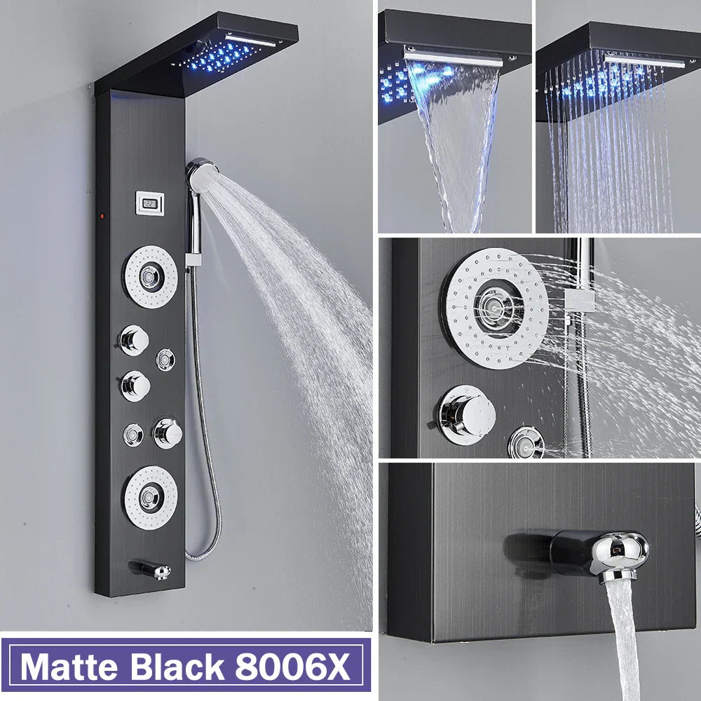 Columna de ducha DecorBites™ negra con iluminación LED, chorros de masaje y grifo mezclador tipo cascada