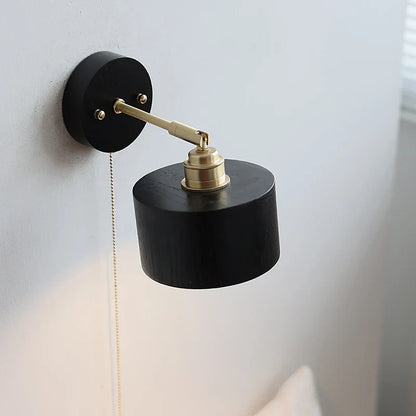DecorBites™ Black Wood LED Wall Light with Pull Chain Switch, Rotating Japanese Style Bedside Lamp