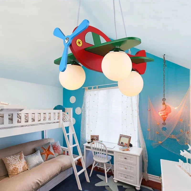 DecorBites™ Kids Wood Airplane Chandelier LED Pendant Light for Boy Bedroom