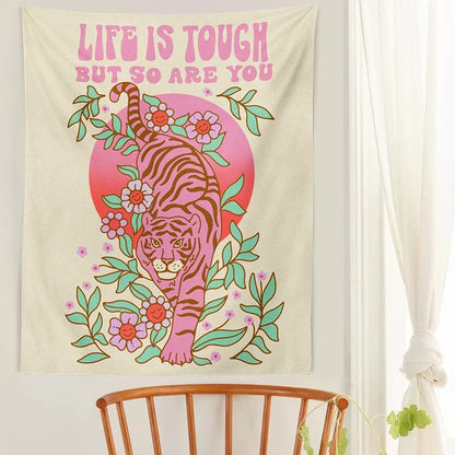 Decobites Tiger Moon Pink Flower Tapestry, Boho Wall Hanging for Aesthetic Home Decor