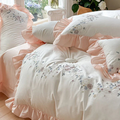 Decobites Korean Princess Lace Ruffles Flowers Embroidery Bedding Set with 100% Cotton Quality.