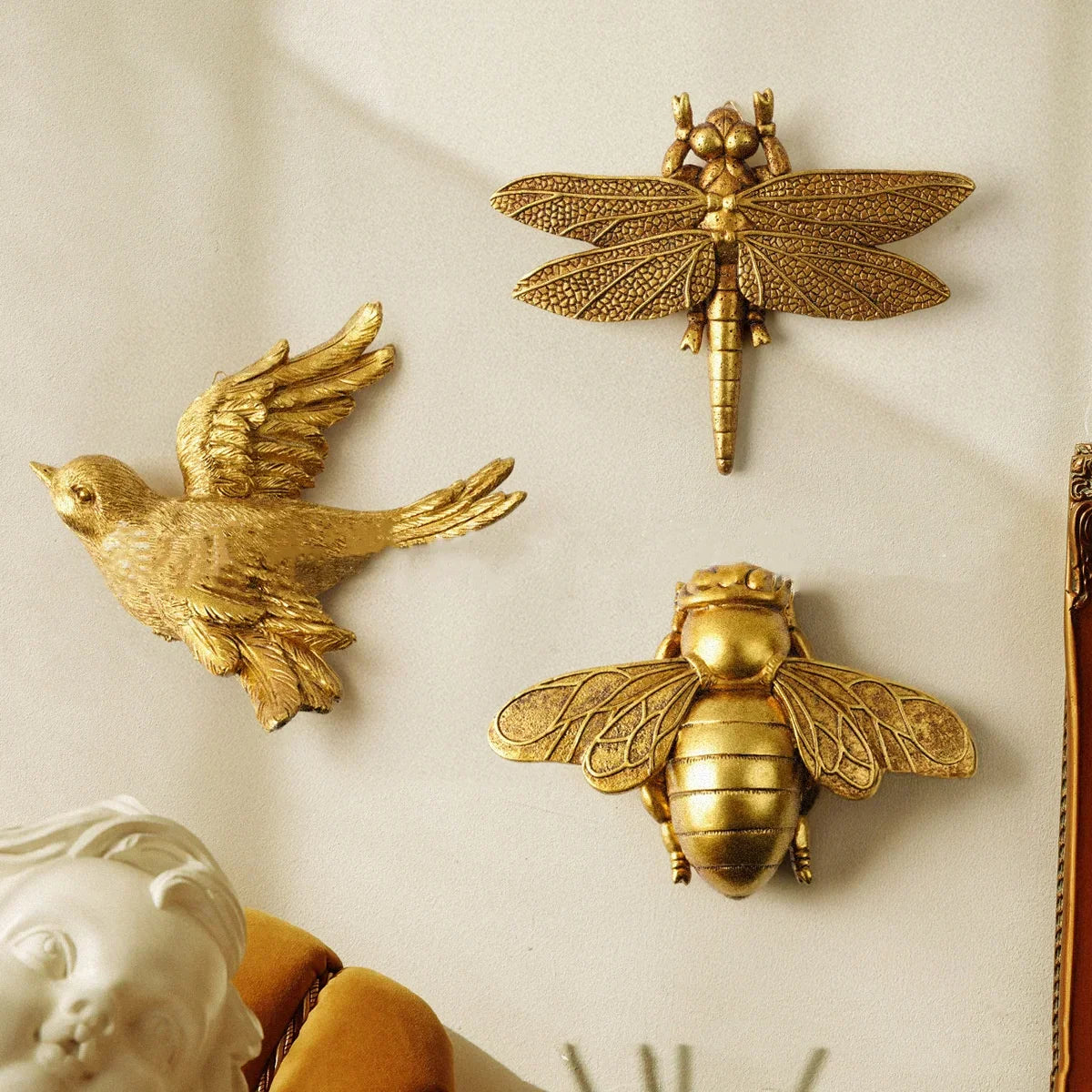 DecorBites™ Golden Bird & Butterfly Resin Wall Decoration Statues