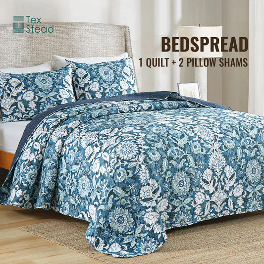 Decobites Blue Floral Quilted Bedding Set - Farmhouse Style All Seasons - 3 Piece