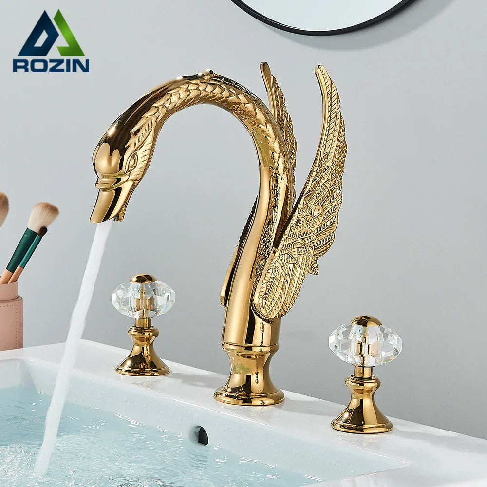 Decorbites™ Grifo de Lavabo de Dos Asas de Cristal Cisne Dorado