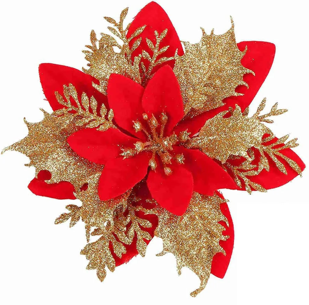 10PCS Christmas Flowers Glitter Artificial Poinsettia Floral Xmas Tree Ornaments DIY Garlands Home Wedding Party Decor