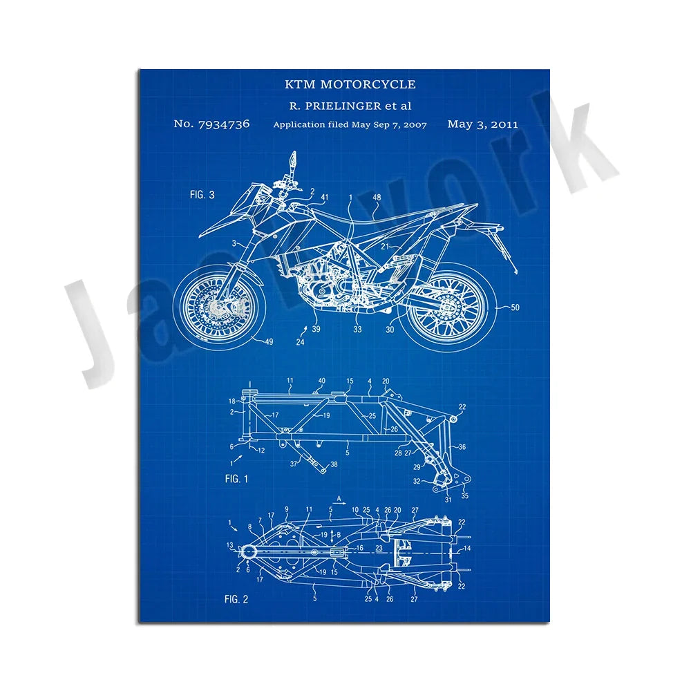 DecorBites™ Dirt Bike Patent Blueprint Poster Canvas Wall Art