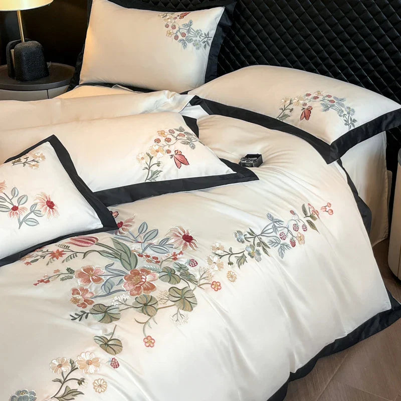 Luxury Flowers Embroidery Black Cotton Bedding Set by Decobites - 4Pcs