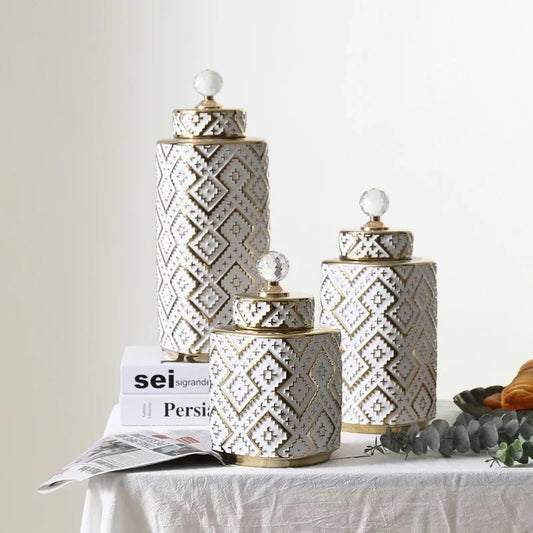 Jarrón decorativo DecorBites™ con relieve dorado geométrico - Jarrón de cristal de cerámica