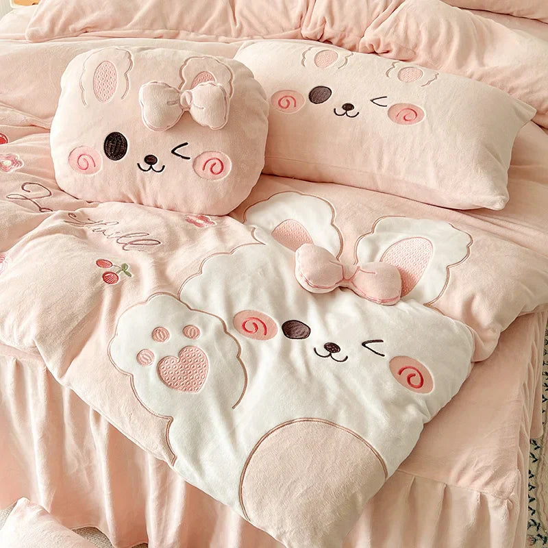 Decobites Cartoon Rabbit Applique Embroidery Bedding Set with Velvet Fleece for Cozy Comfort