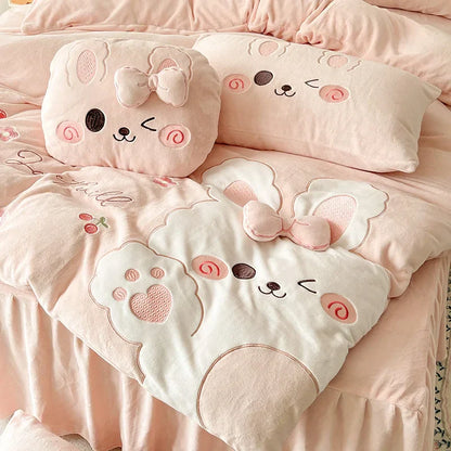 Decobites Cartoon Rabbit Applique Embroidery Bedding Set with Velvet Fleece for Cozy Comfort