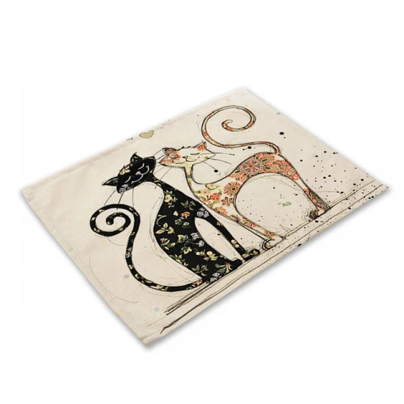 DecorBites™ Black Cat Linen Placemat Set for Dining Table & Kitchen Decor