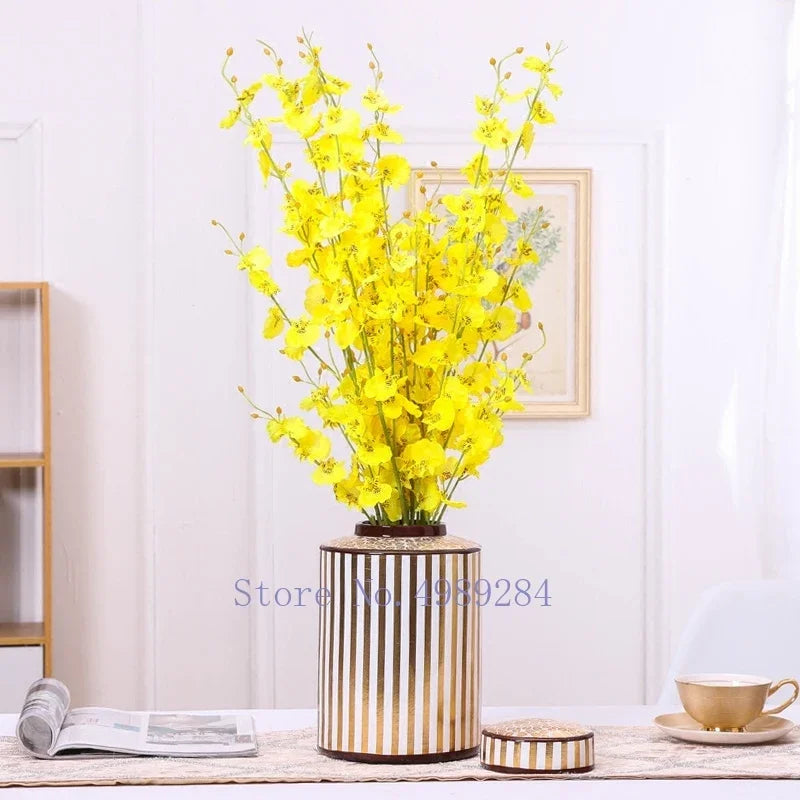 DecorBites™ Golden Stripe Ceramics Vase with Cover, Modern Storage Jar for Home Decor