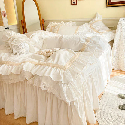 Decobites French Vintage Ruffles Embroidery Bedding Set, Cream White, 100% Cotton, Quilt Cover