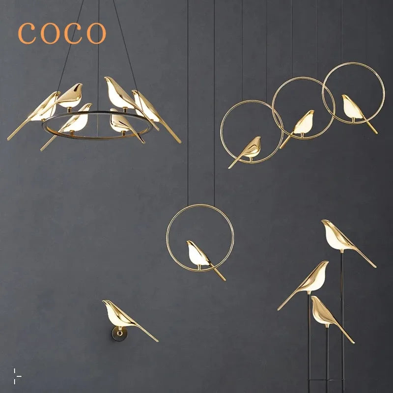 DecorBites™ Gold Magpie Bird Ceiling Chandelier | Modern LED Ring Light for Dining Room & Decor