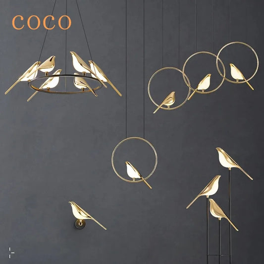 DecorBites™ Gold Magpie Bird Ceiling Chandelier | Modern LED Ring Light for Dining Room & Decor