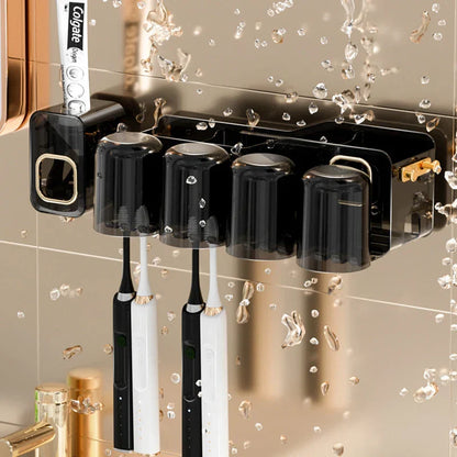 DecorBites™ Inverted Toothbrush Holder with Automatic Toothpaste Squeezer & Makeup Storage Rack