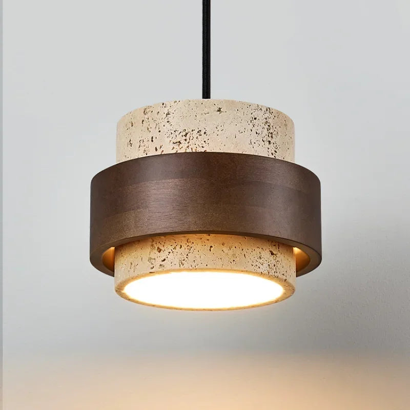 Japanese Stone Pendant Light in Walnut Wood Finish