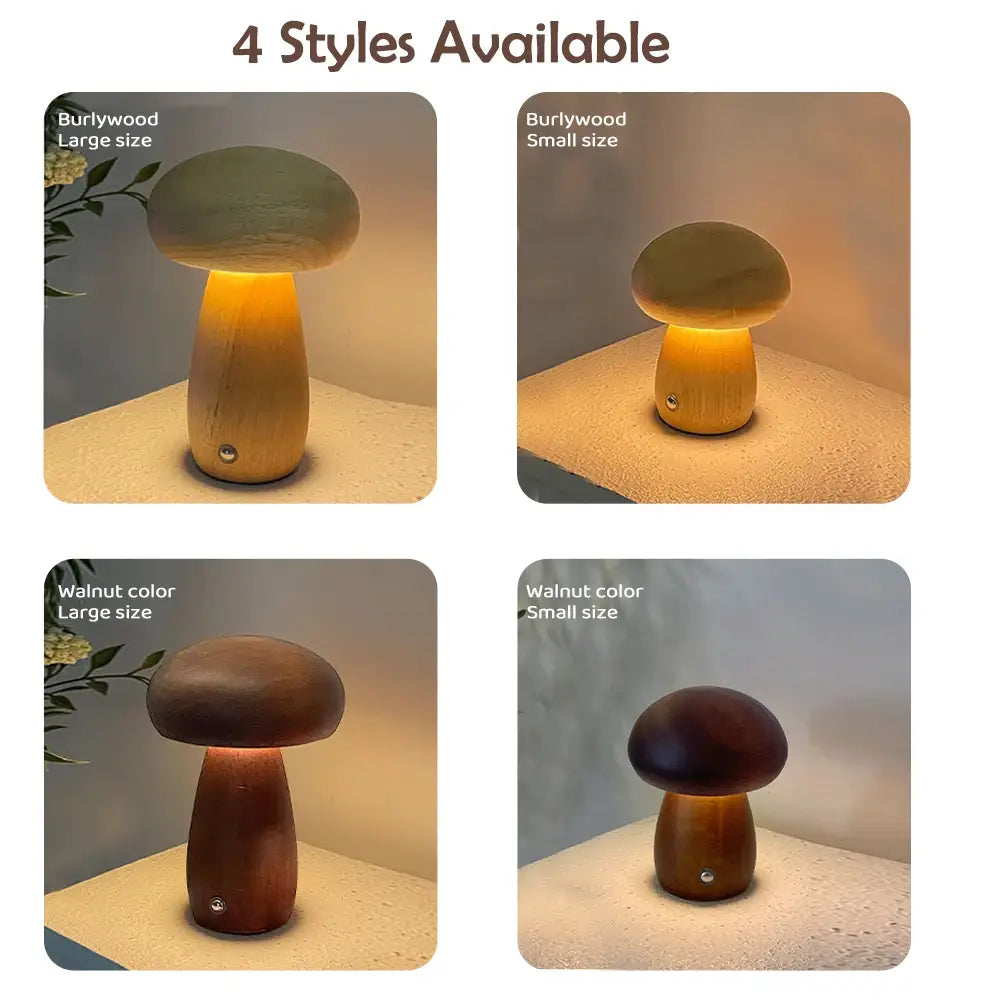 DecorBites™ INS Wooden Creative Mushroom Night Light Stepless Dimming Bedside Table Lamp 3 Color Rechargeable Sleeping