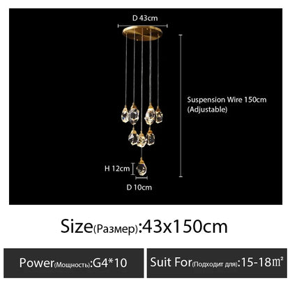 DecorBites™ Diamond Crystal Chandelier Staircase LED Golden Chandeliers Lighting for Luxurious Home Décor