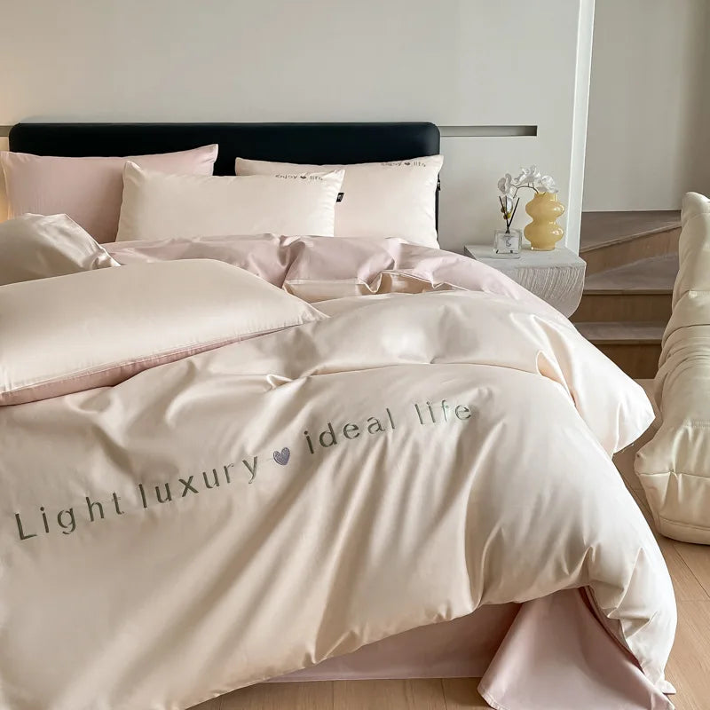 DecorBites™ 120S Long Staple Cotton Satin Embroidery Bedding Set - Solid Color Twin Full Double Comforter