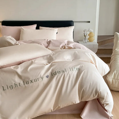 DecorBites™ 120S Long Staple Cotton Satin Embroidery Bedding Set - Solid Color Twin Full Double Comforter