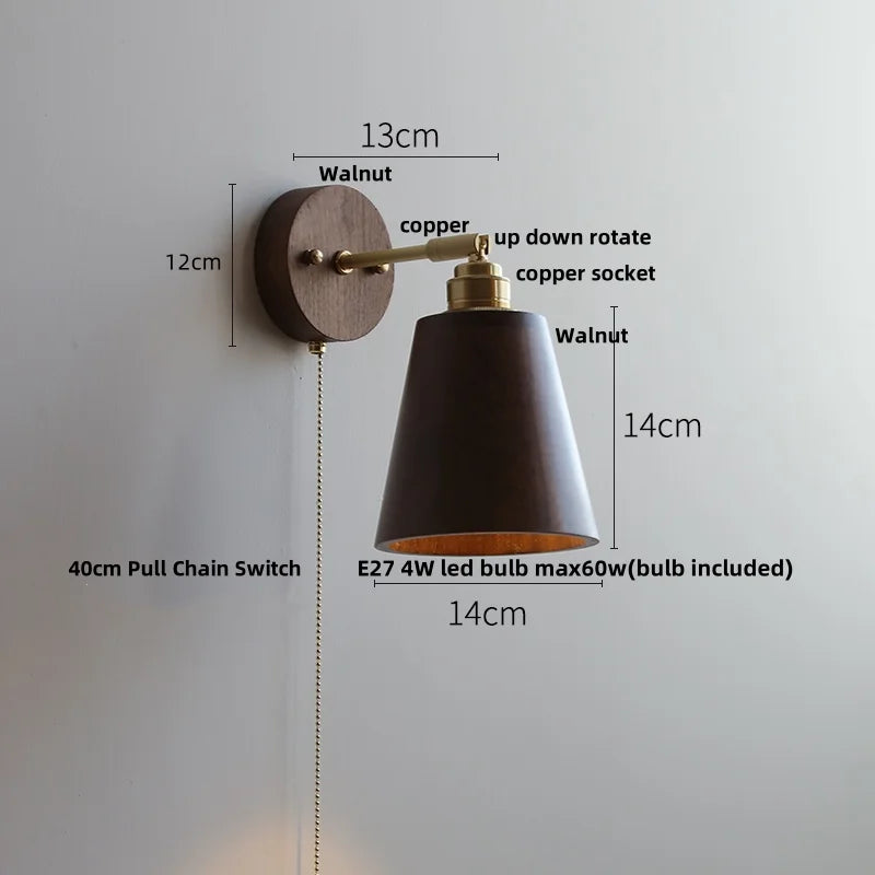 DecorBites™ Clear Glass LED Wall Light Fixture Walnut Wood Pull Chain Switch Nordic Modern Wall Lamp