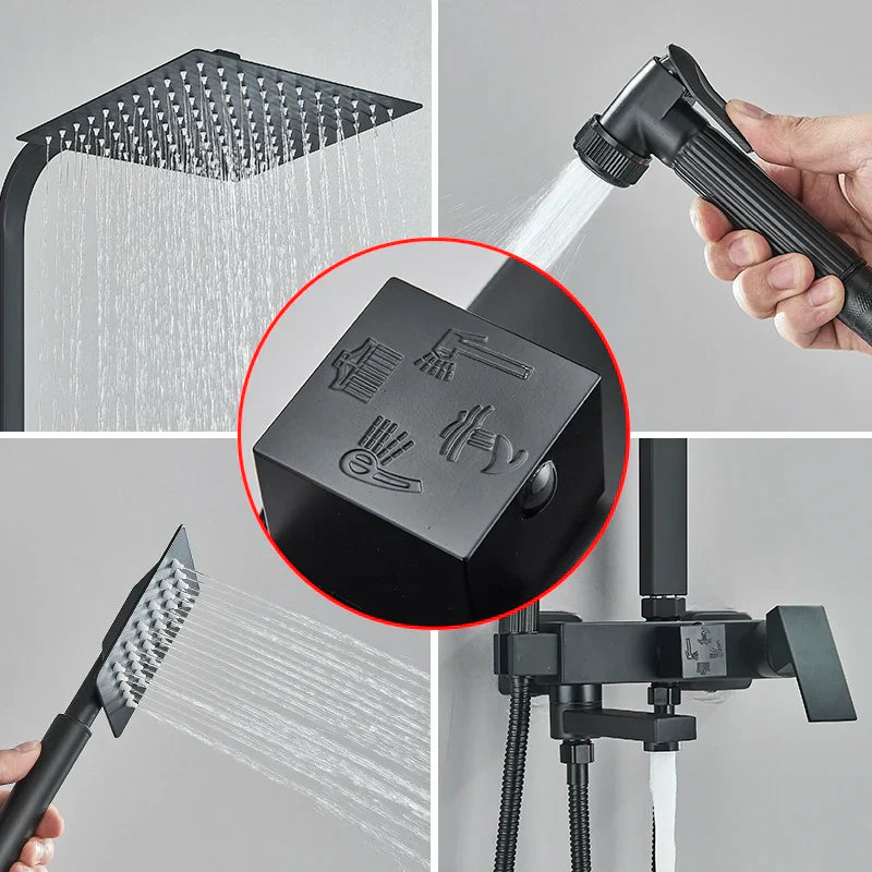 Juego de grifería para ducha DecorBites™ de latón negro con caño giratorio para bañera y columna de ducha tipo lluvia